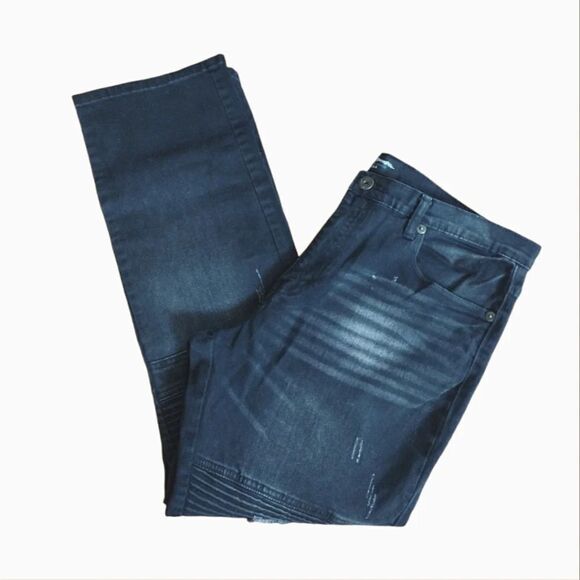 Y2K Kno Betta Black Distressed Rip Straight Leg Biker Jeans Size 36 - Picture 3 of 14